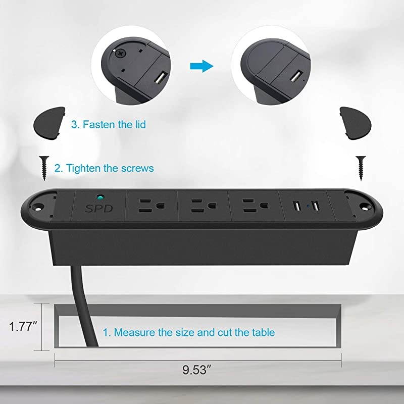 Recessed Power Strip with USB Ports Furniture Desk Recessed Plug Outlet Metal Surge Protector Power Strip with 656FT Cord 120V 12A 1440W