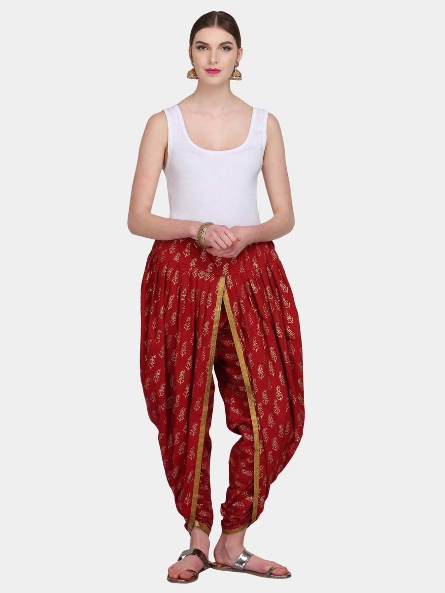 Kaanchie Nanggia Red Cotton Printed Dhoti Pants