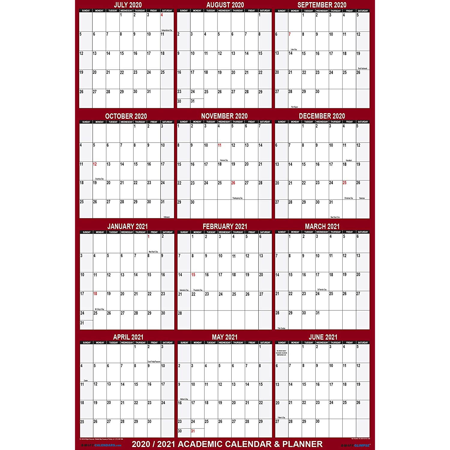 24" x 36" SwiftGlimpse 2020-2021 Academic Wall Calendar Dry Erase Erasable, Large, Wet & Dry Erase Laminated, June - July Yearly Planner (24x36 Maroon 2020-2021)