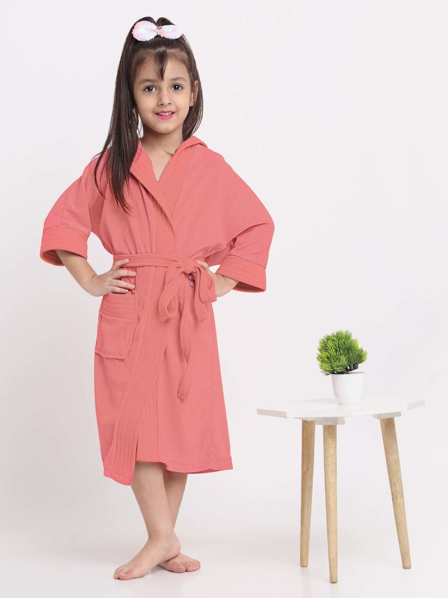 Creeva Melodious Peachy Pink Micro Terry 225 GSM Kids Hooded Bathrobe 4-5 Years With Pocket