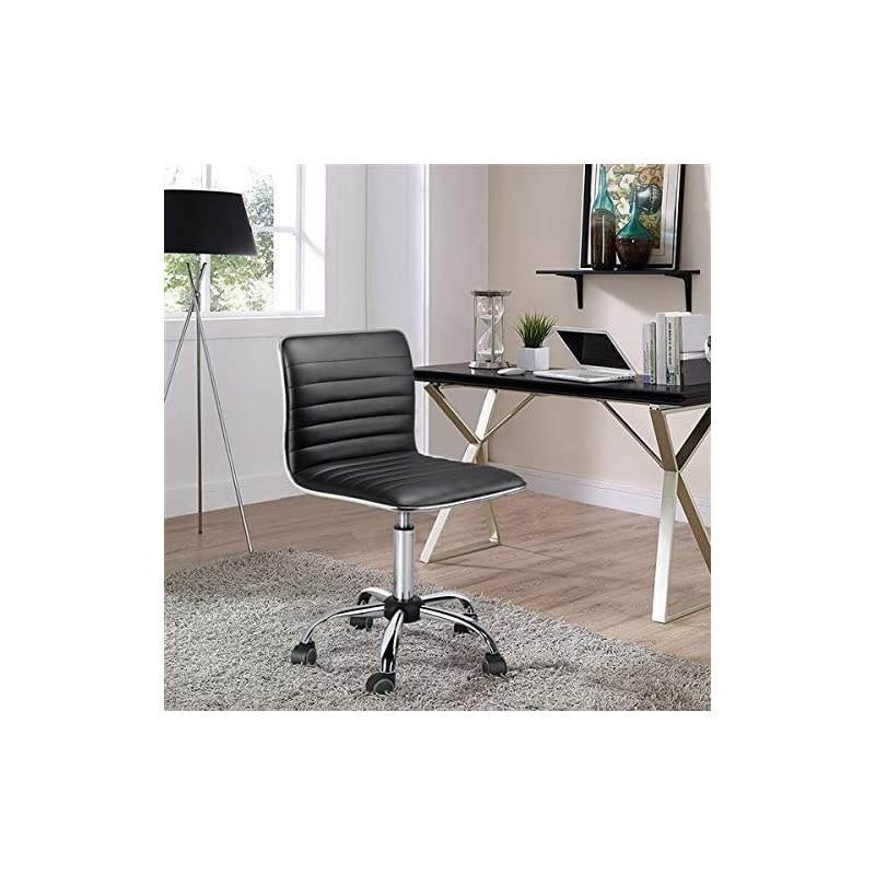 Adjustable Task Chair PU Leather Low Back Ribbed Armless Swivel Black Desk Chair Office Chair Wheels Set of 2, Black
