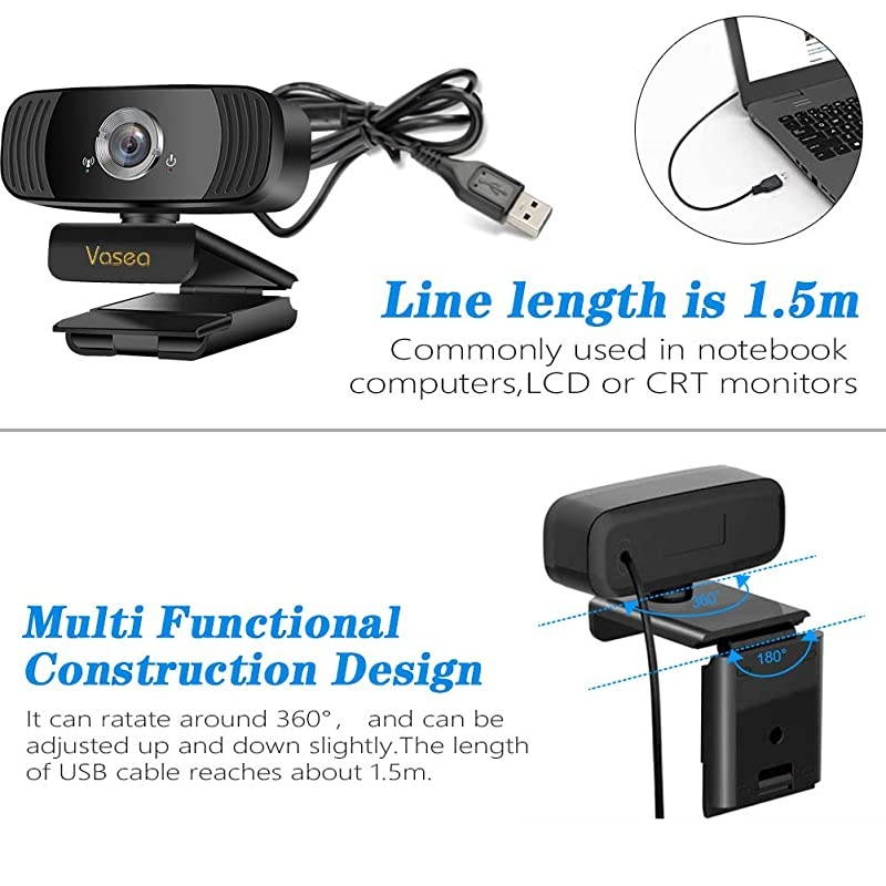 USB Webcam with Microphone, Full HD Webcam for Laptop and Desktop - Video Calling and Recording PC Webcam for Streaming, 360 Degree Rotatable