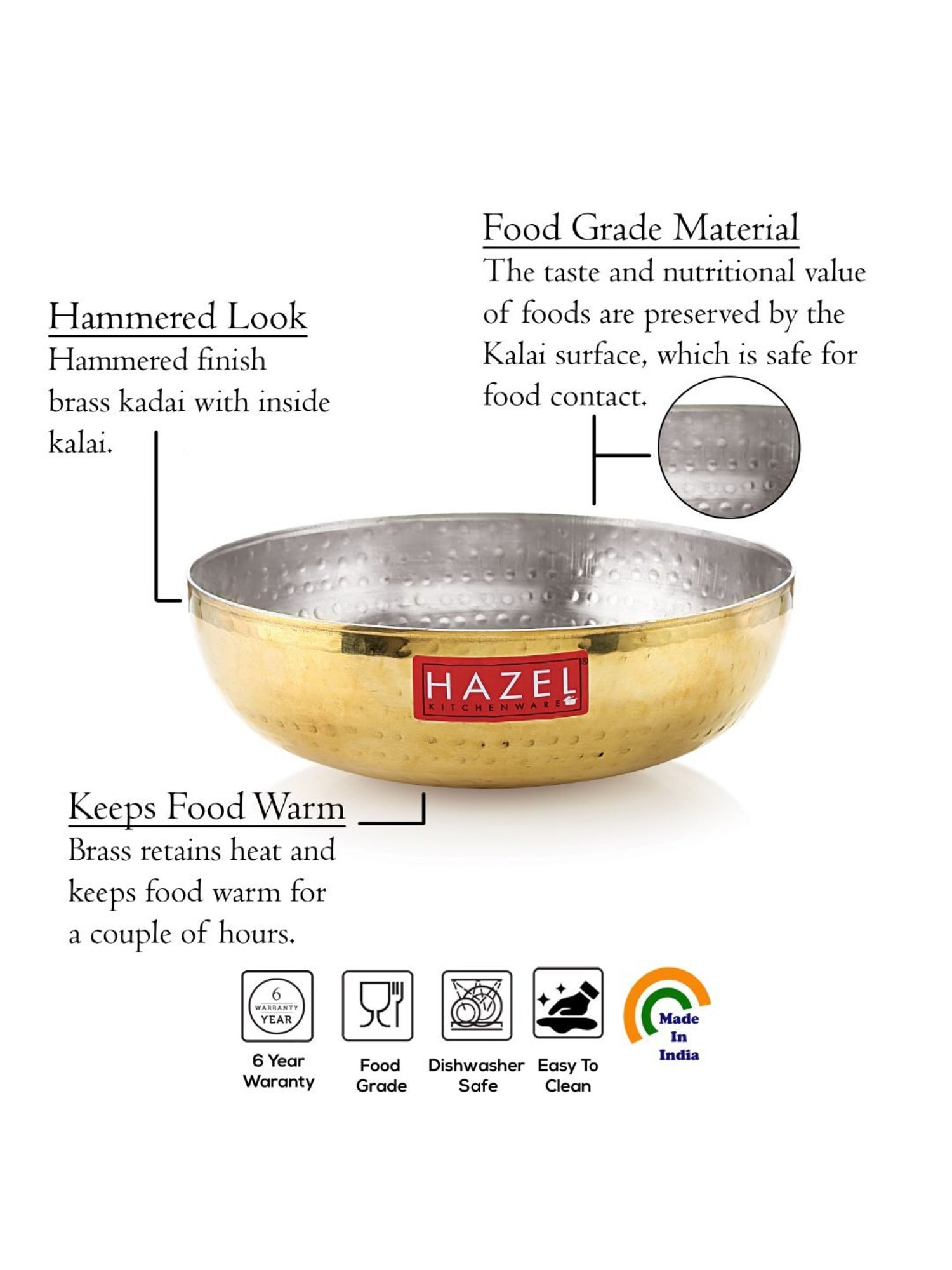 HAZEL Gold Brass Hammered Tasra Kadhai with Kalai 17.5cm (1 L)