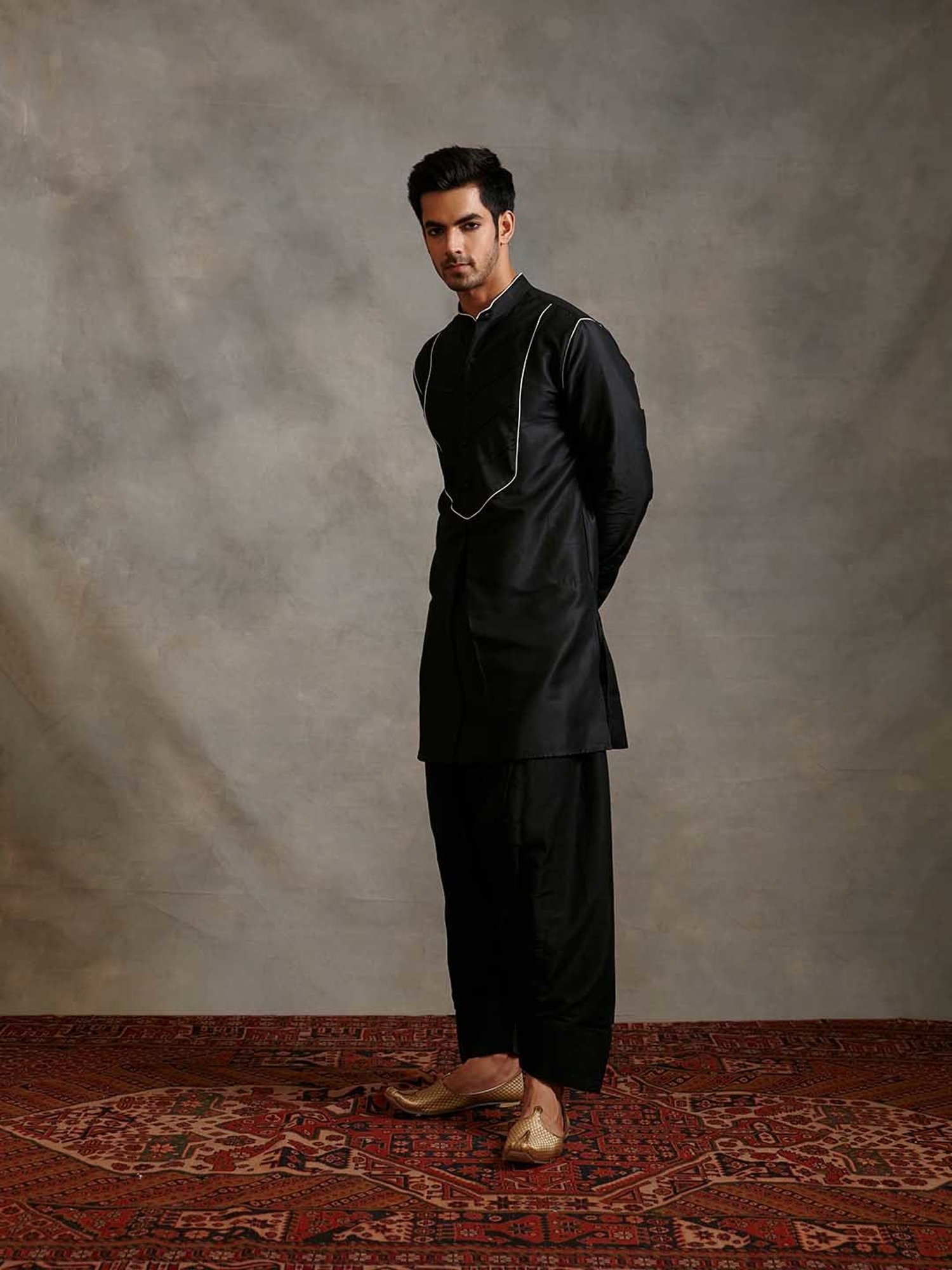Abhishti Black Regular Fit Banarasi Kurta & Afghani Pants Set