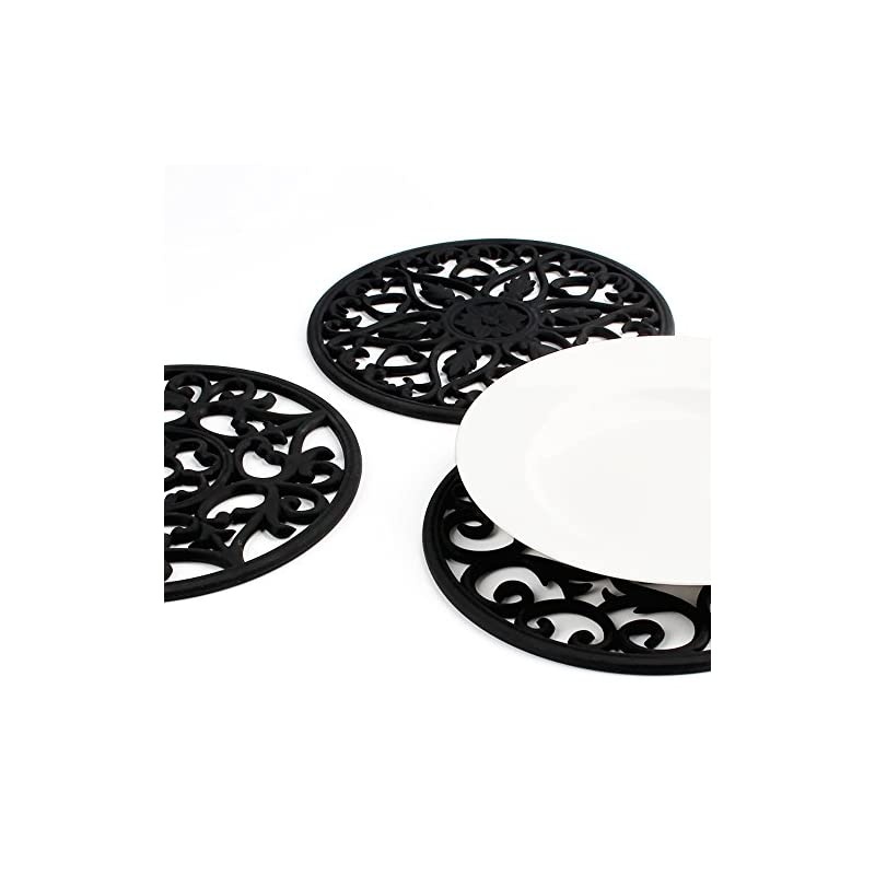 3 Set Silicone Multi-Use Intricately Carved Trivet Mat - Insulated Flexible Durable Non Slip Coasters (Black)