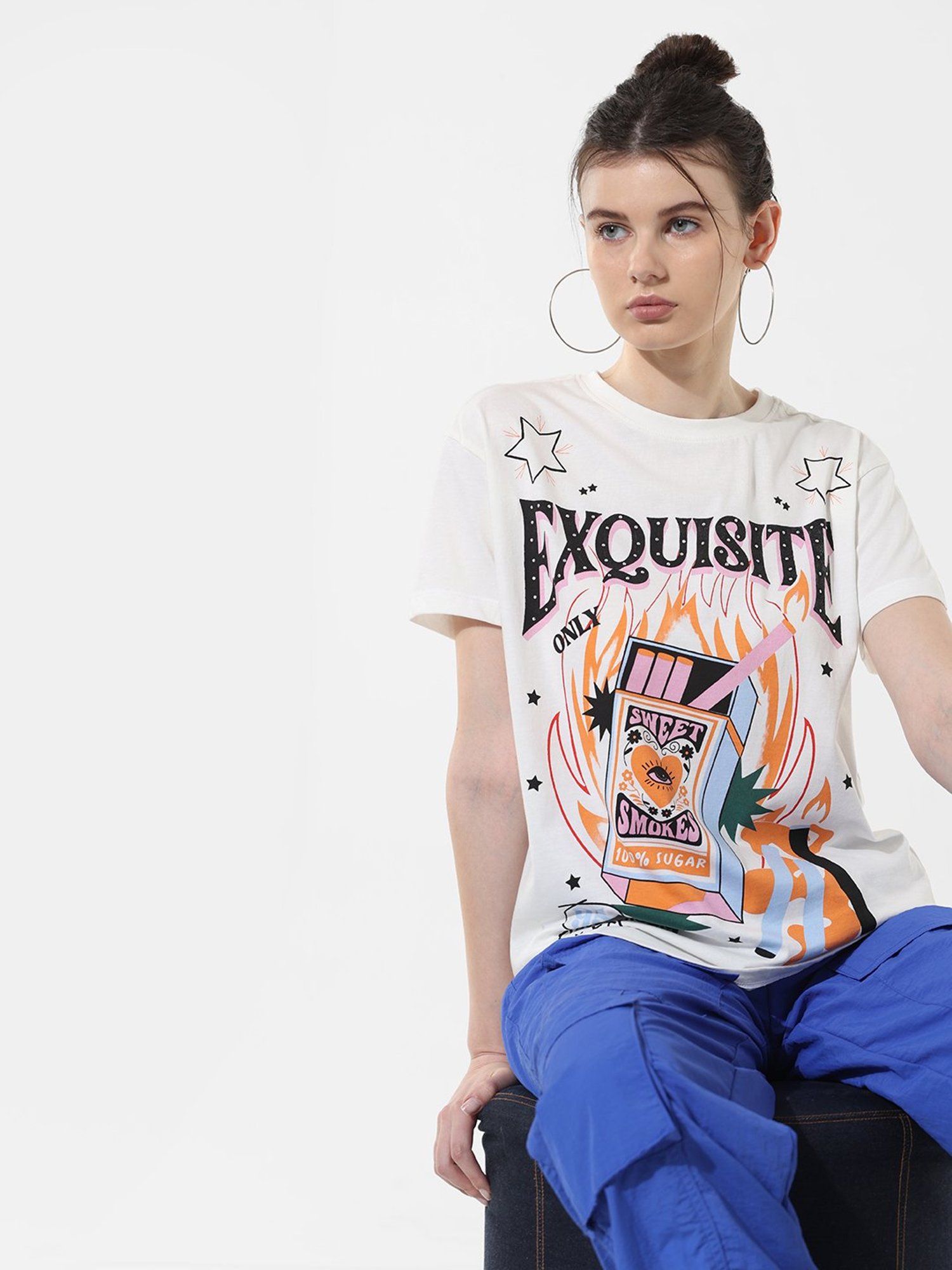 Only White Cotton Graphic Print T-Shirt