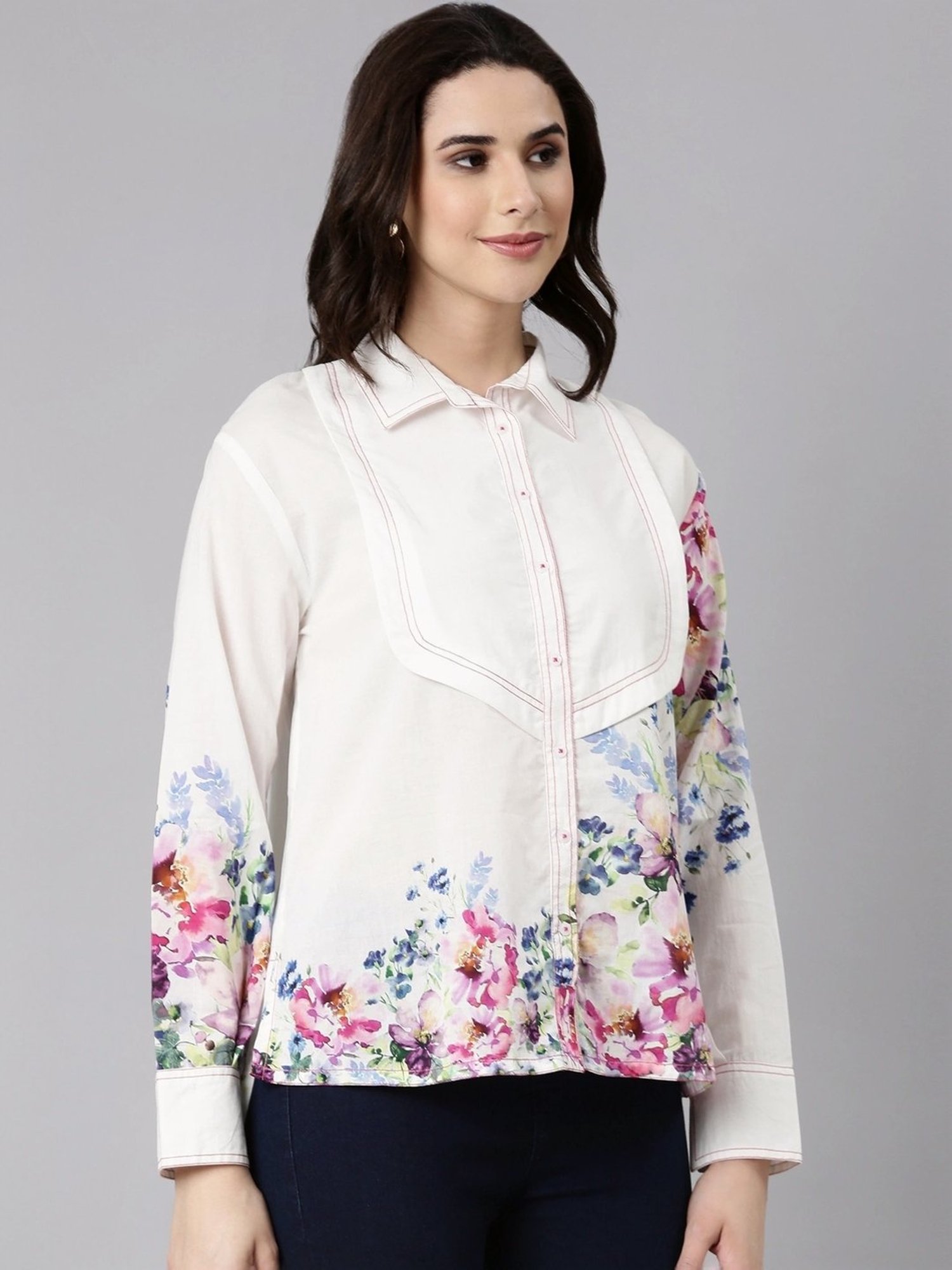 Zolo Label White Cotton Floral Print Shirt