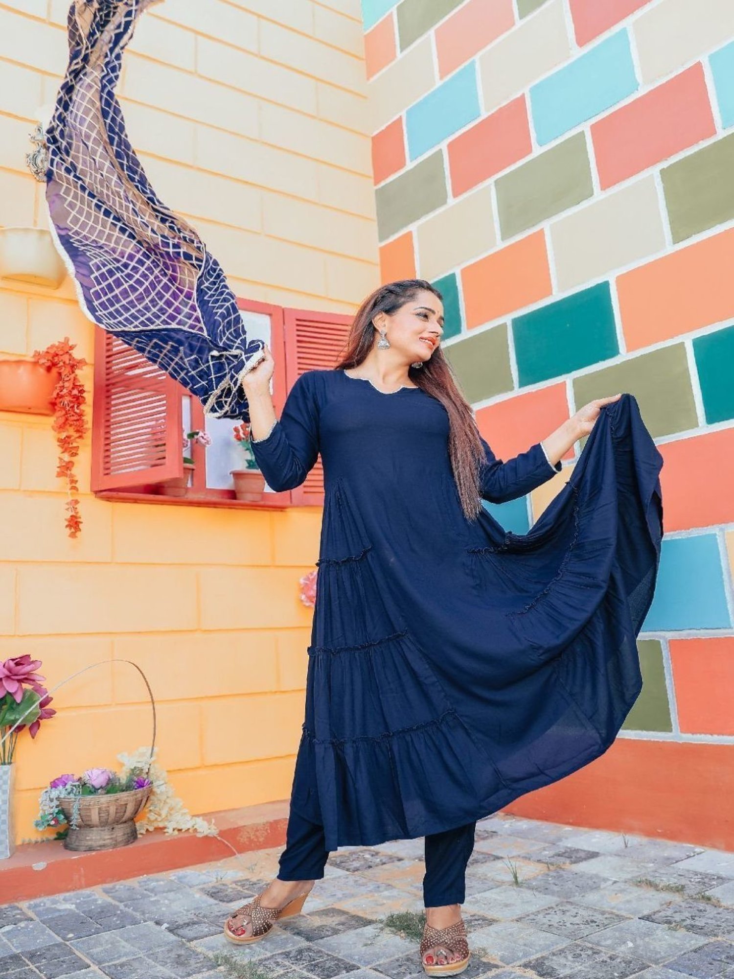 Thread and Button ?egyptian Blue Kurta and Bottom with Gotta Jaal Dupatta