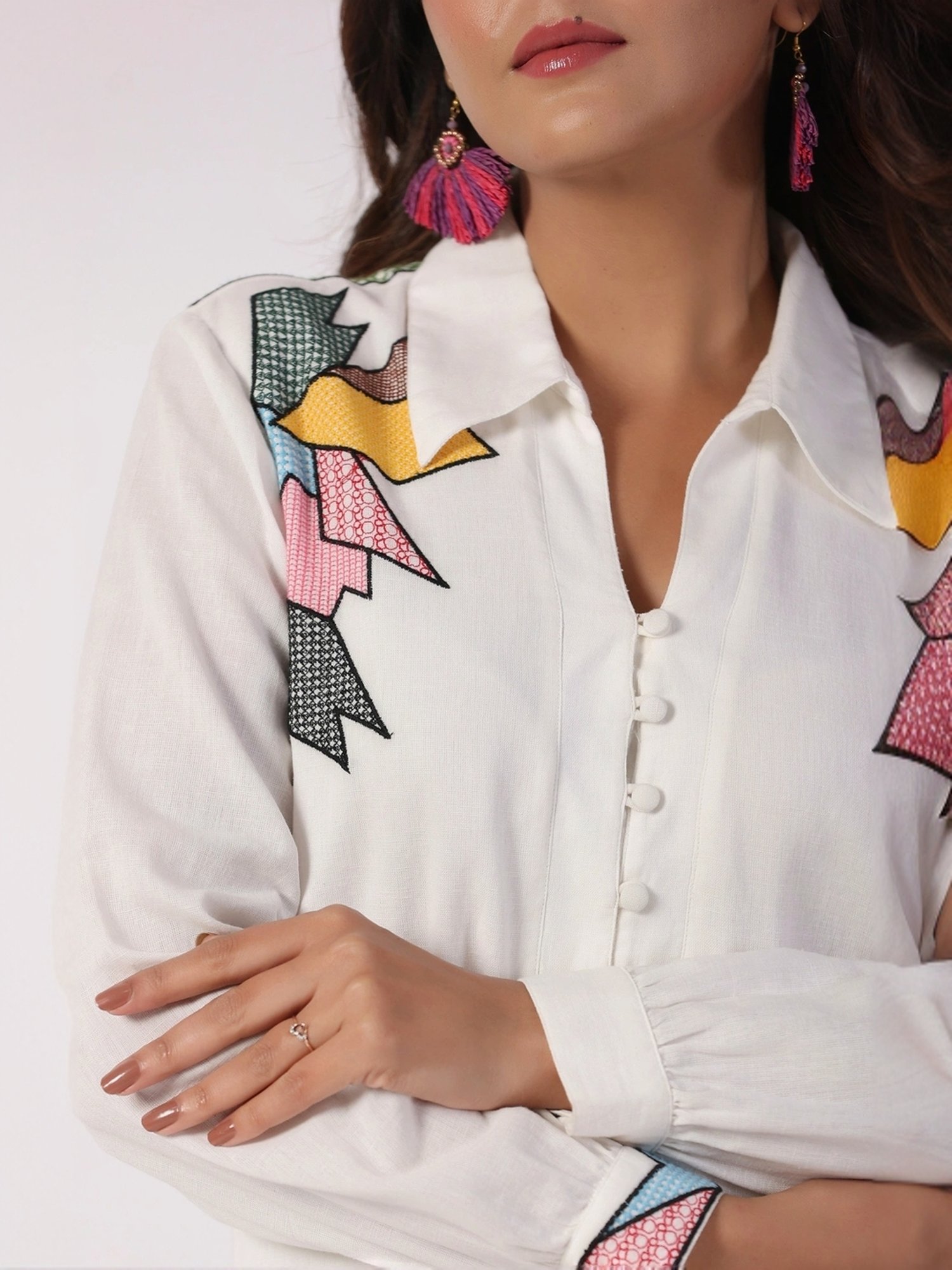 Zolo Label White Cotton Embroidered Top Palazzo Set