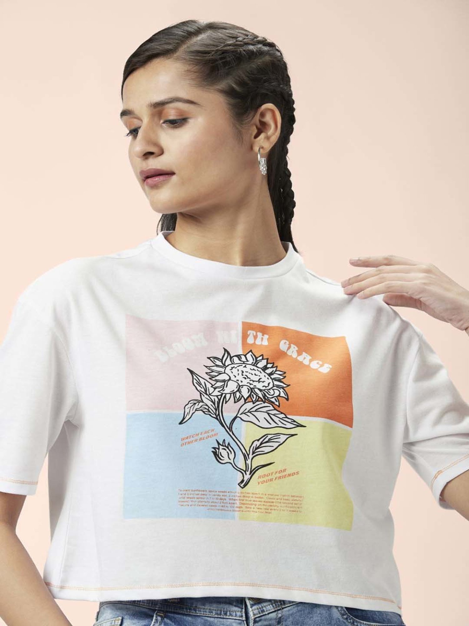 People by Pantaloons White Cotton Printed Crop T-Shirt