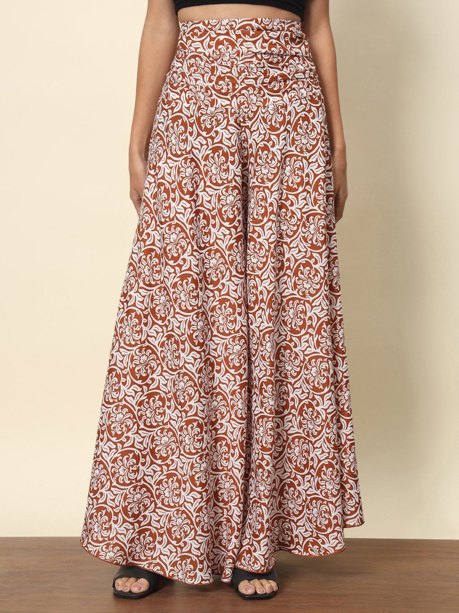 Trend Arrest Brown & White Printed High Rise Palazzos