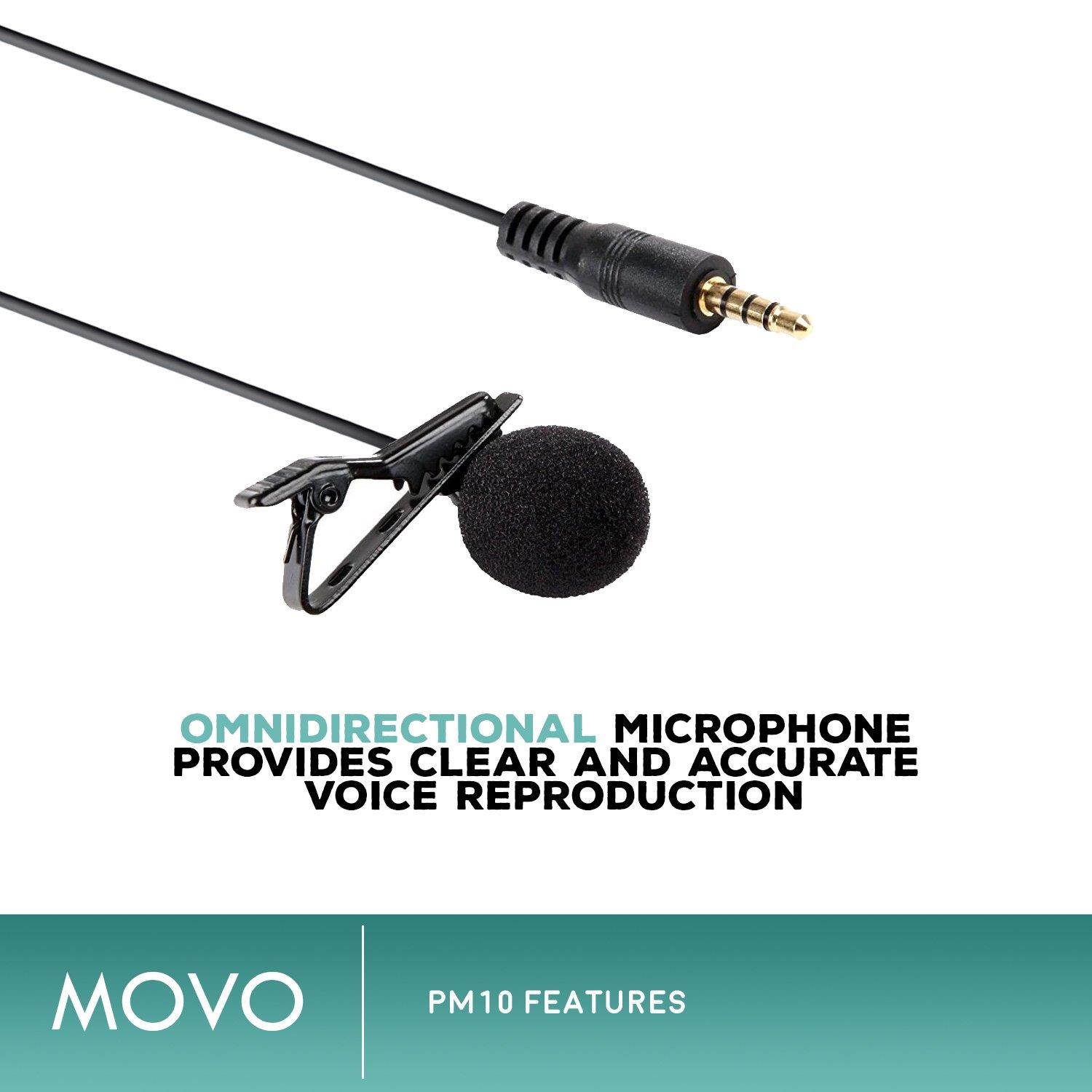 Movo PM10 Deluxe Lavalier Lapel Clip-on Omnidirectional Condenser Microphone for Apple iPhone, iPad, iPod Touch and Android Smartphones
