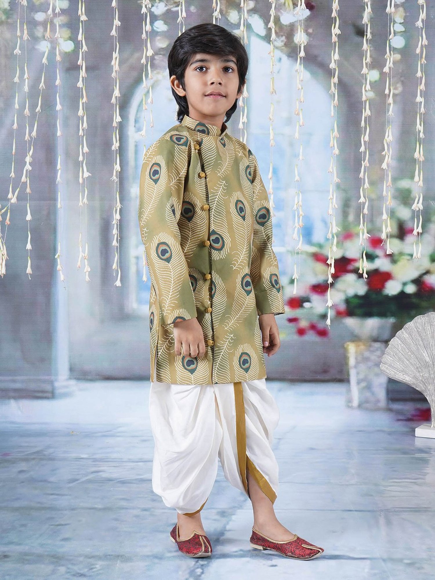 Little Bansi Kids Green & White Printed Kurta with Dhoti