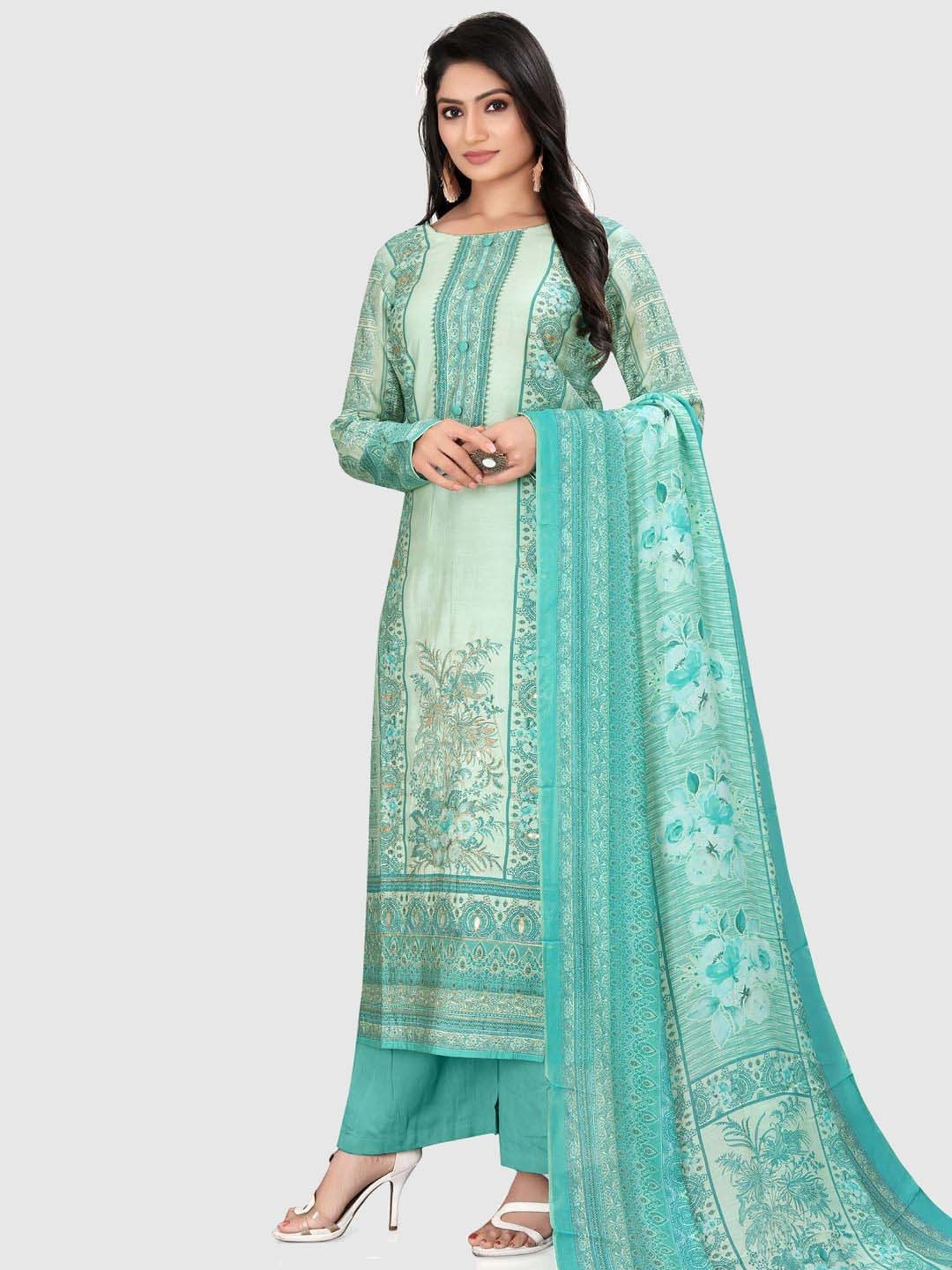 Stylee LIFESTYLE Turquoise Floral Print Unstitched Dress Material