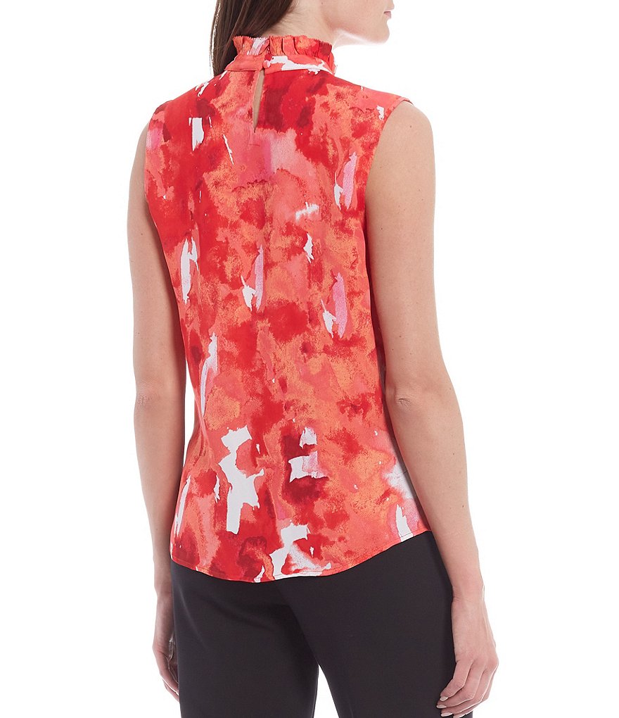 Donna Karan New York Sleeveless Picot Trim Printed Georgette Ruffle Collar Shell