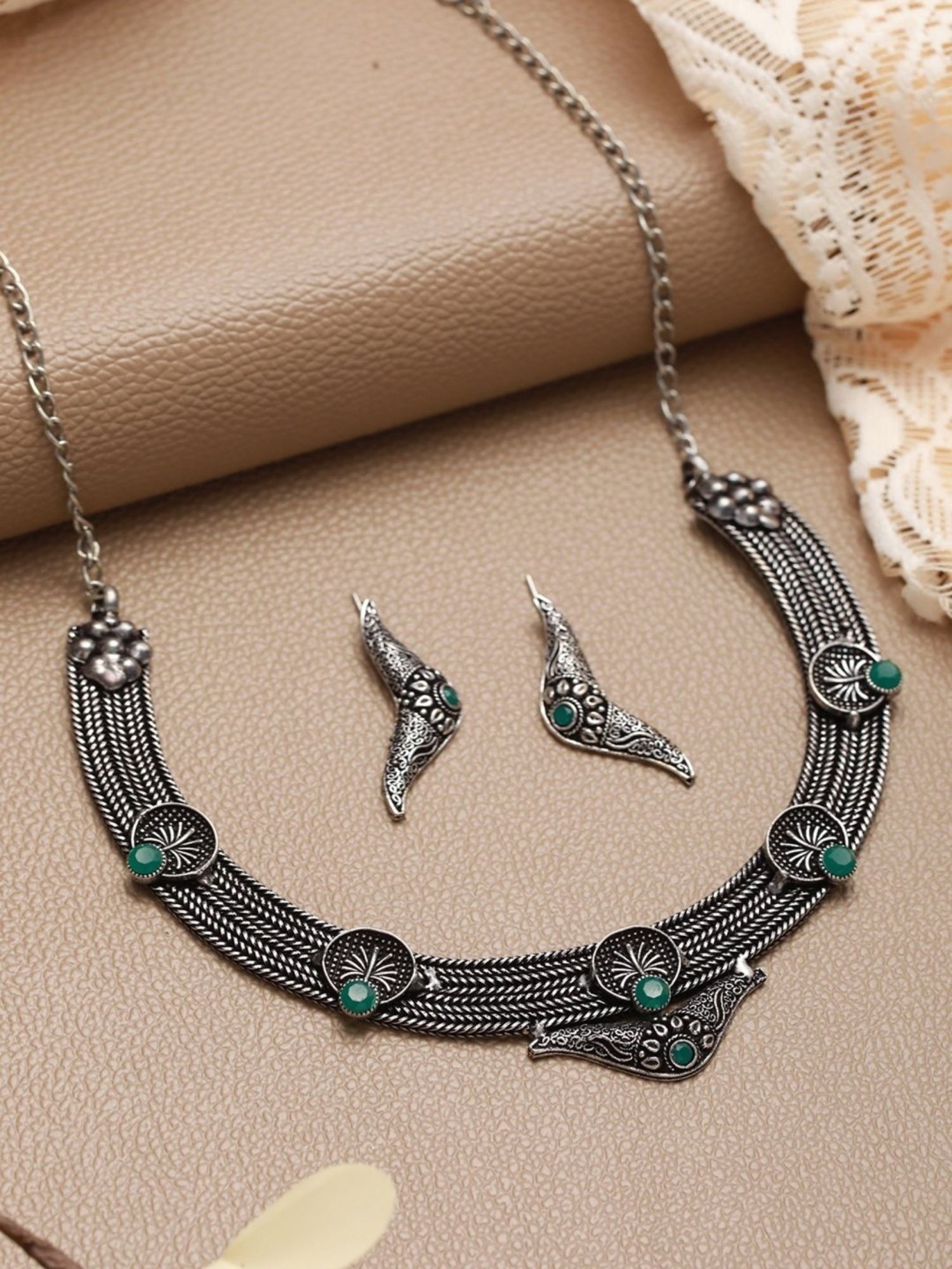 Aatmana Oxidised Silver-Tone Green Stone Studded Filgree Necklace Set for Women