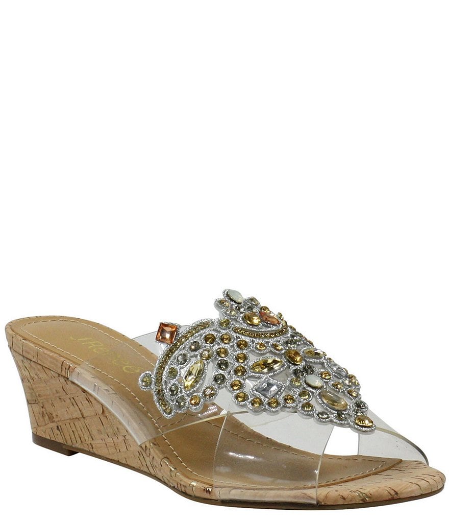 J. Renee Allysen Rhinestone Clear Cork Wedge Dress Slides