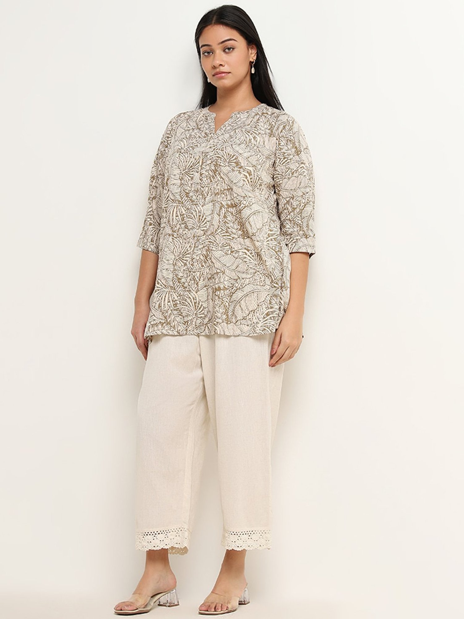 Diza by Westside Beige Leaf Design Straight Kurti