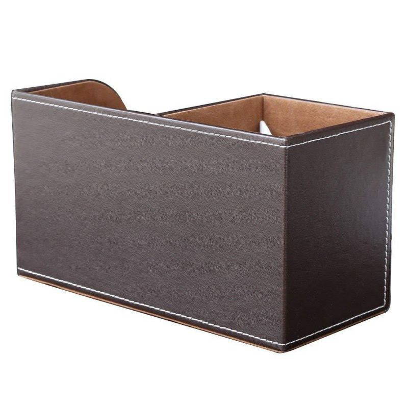 KINGFOM Wooden Struction Leather Multi-function Desk Stationery Organizer Storage Box Pen/Pencil,Cell phone, Business Name Cards Remote Control Holder with Small Drawer Brown