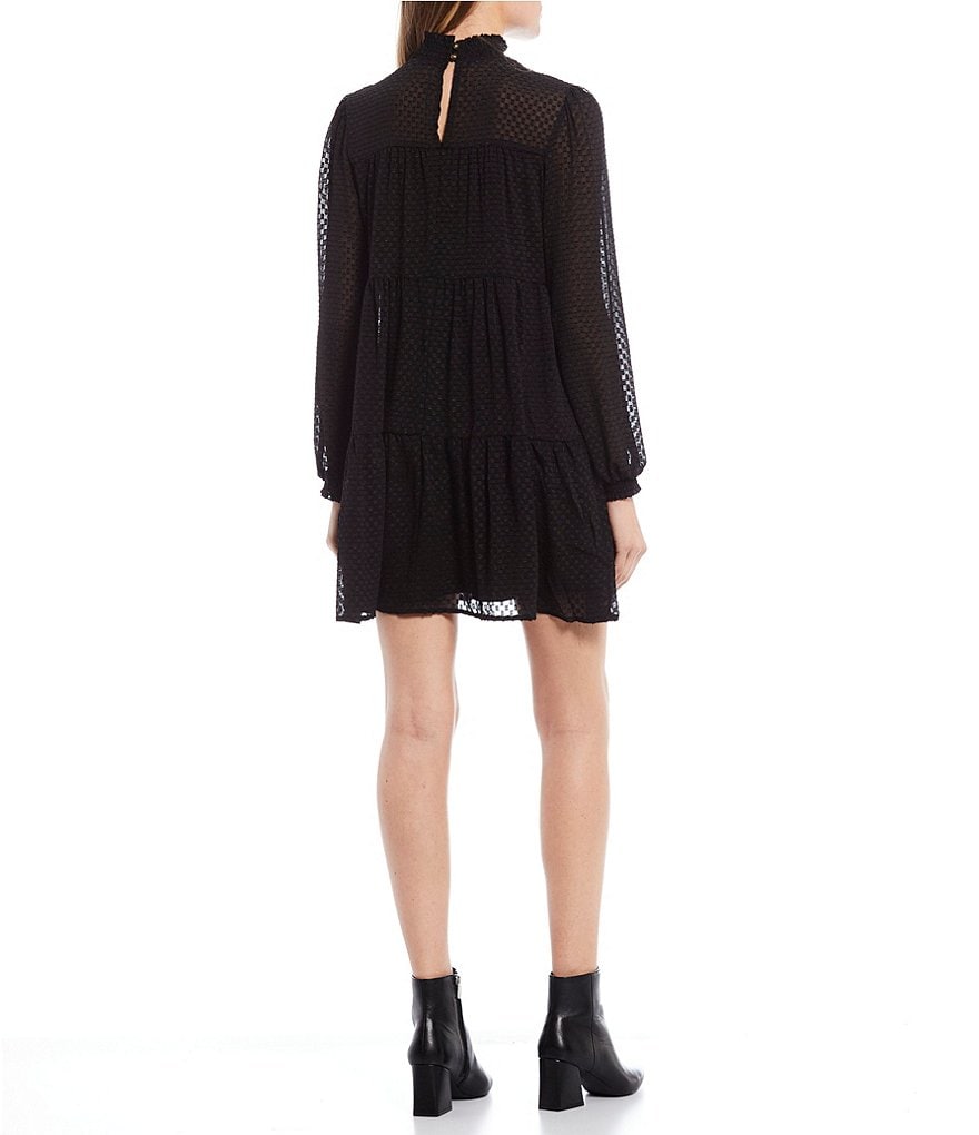 Allison & Kelly Long-Sleeve Mock-Neck Clip-Dot Chiffon Shift Dress