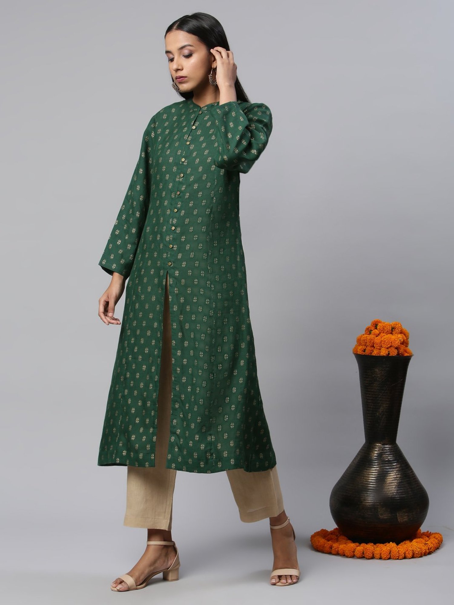 Linen Club Woman Green Linen Printed A Line Kurta