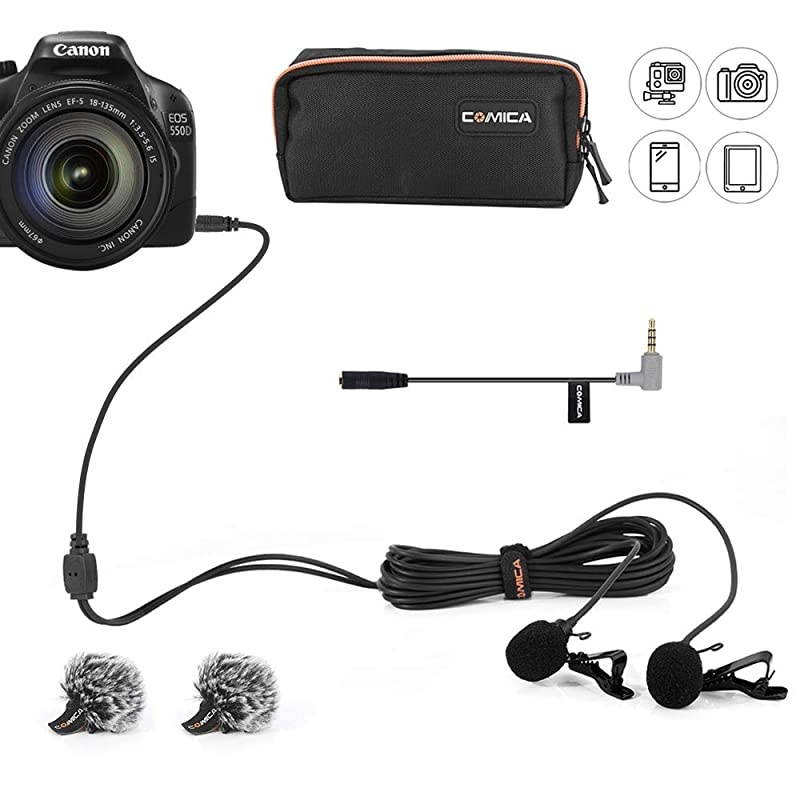 CVMD02 Dual Lavalier MicrophonesOmnidirectional Condenser Handsfree Clipon Lapel Mic with 35mm TRS ConnectorLav mic for CameraDSLRiPhoneAndroidHuaweiSonyPC LaptopBlack25meters