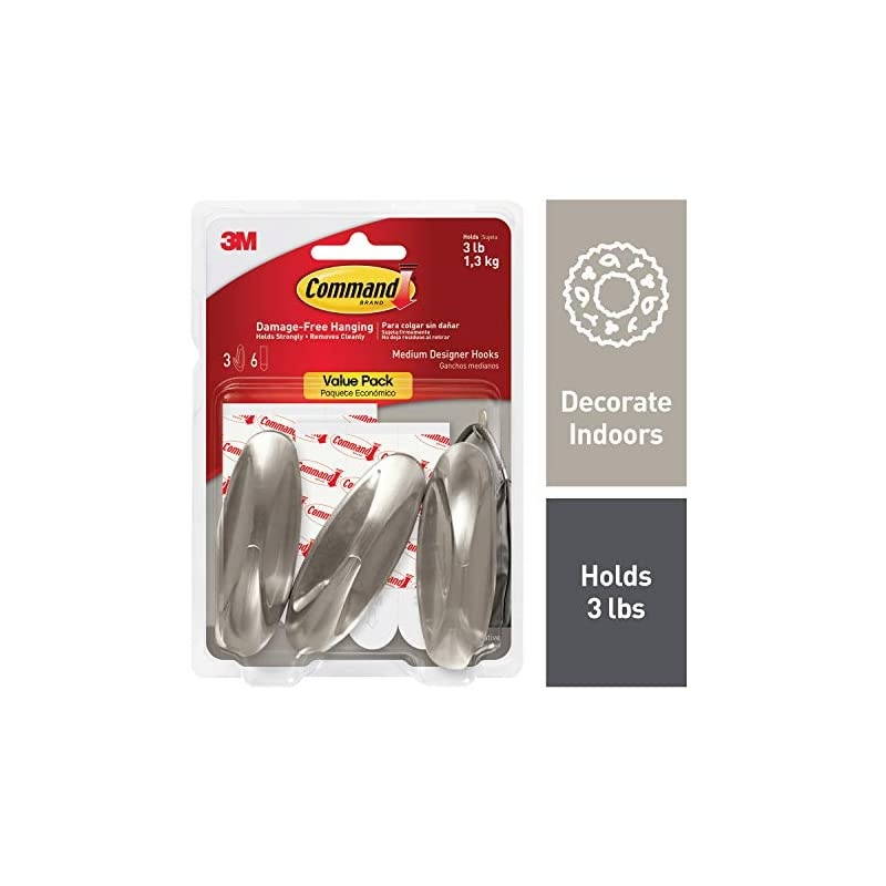 Medium Designer Hooks, Brushed Nickel, 3-Hooks, 6-Strips, Decorate Damage-Free