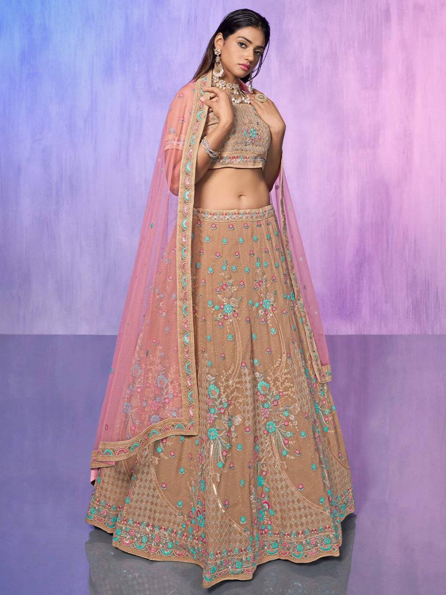 Odette Beige Embroidered Semi Stitched Lehenga Blouse Set With Dupatta