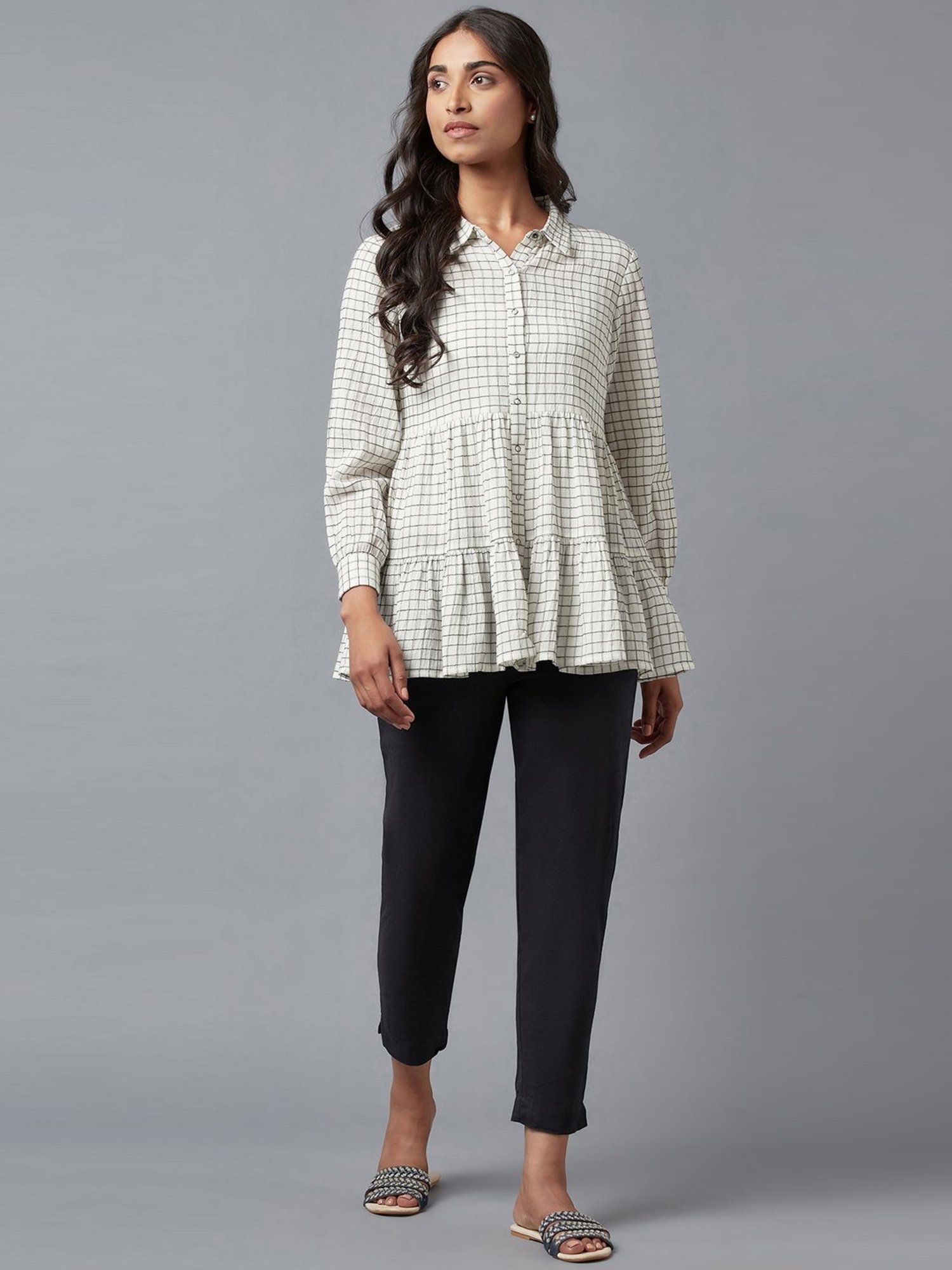 W Off-White Cotton Chequered Tunic