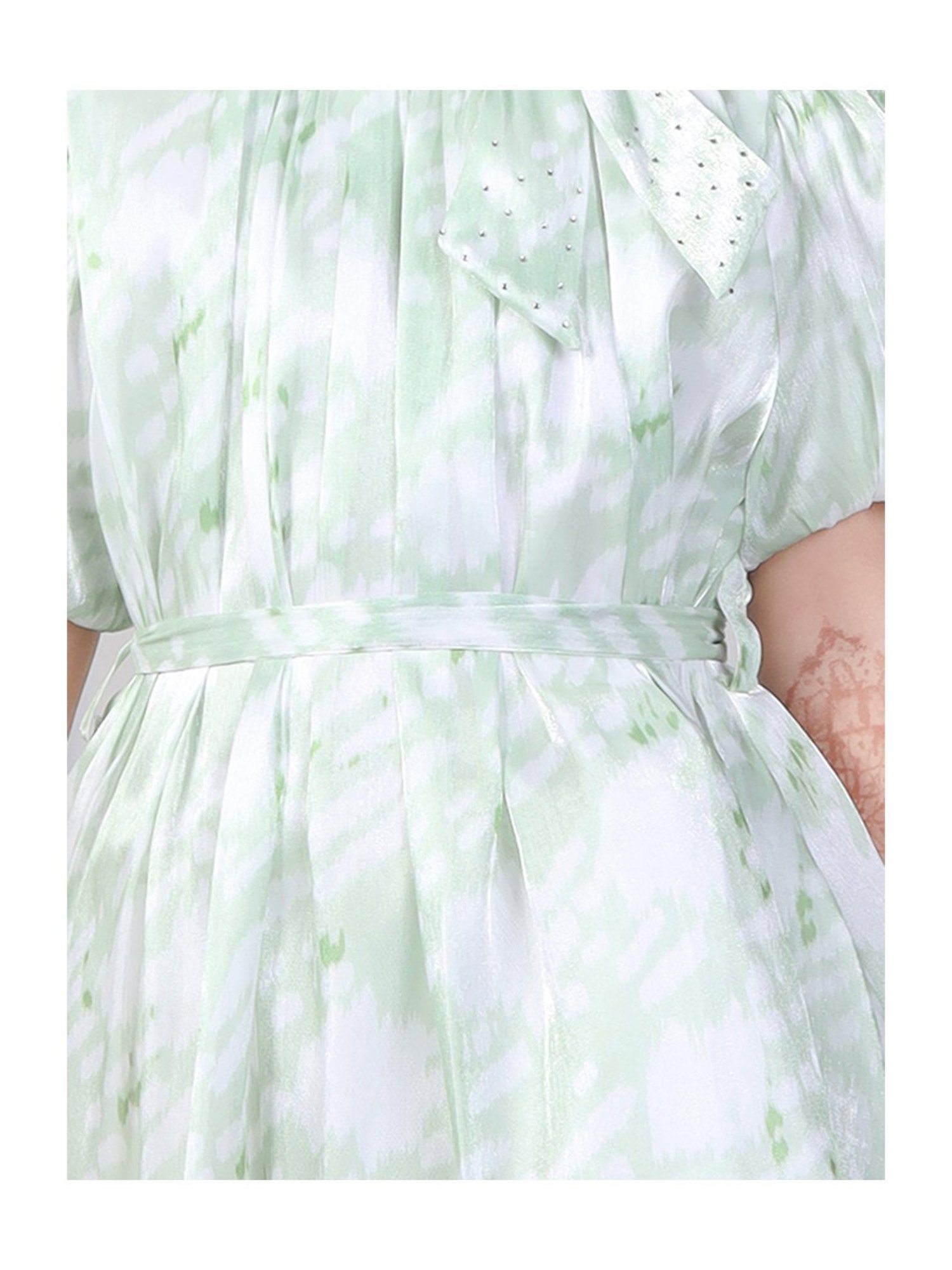 Peppermint Kids Green & White Printed Dress