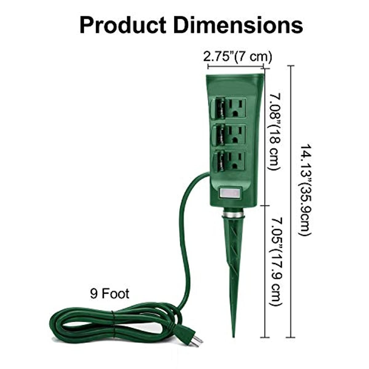 BESTTEN Outdoor Power Stake with 6 Outlets and 9 Foot Extension Cord, Heavy Duty Power Strip with Overload Protection Switch and Weatherproof Protective Covers, ETL Listed, Green