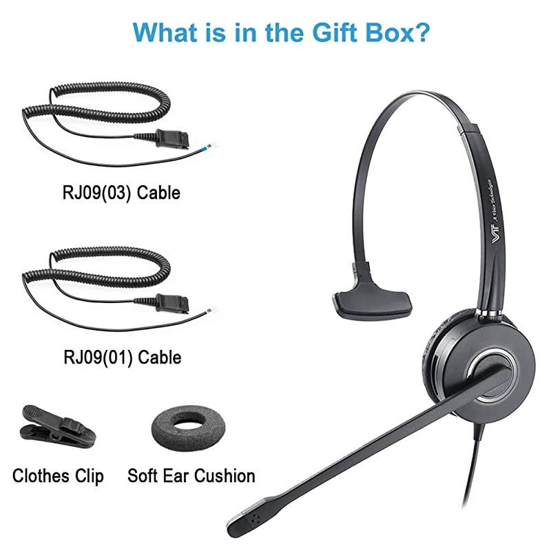 Microphone NoiseCancelling Headphone HandsFree Quick Disconnect with RJ9 Cables for Yealink Polycom Avaya Unify Vtech Grandstream Mitel Phones