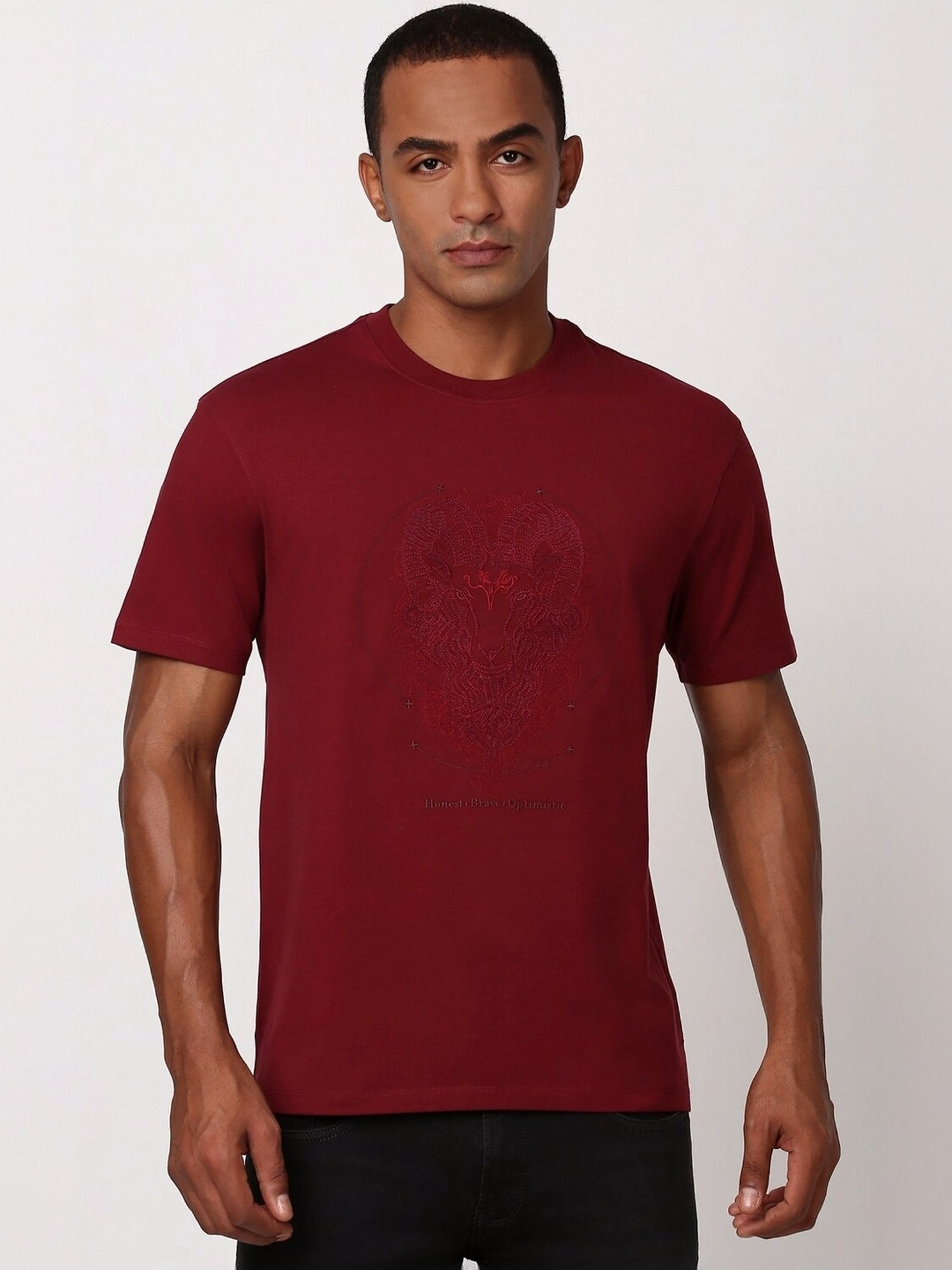 Peter England Maroon Cotton Regular Fit Embroidered T-Shirt