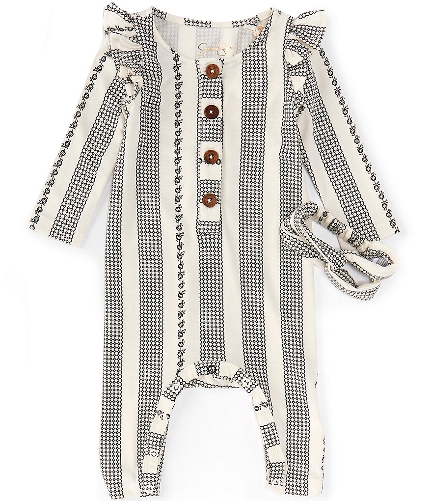 Jessica Simpson Baby Girls 3-9 Months Long-Sleeve Ruffle Trim Stripe Coverall & Headband Set