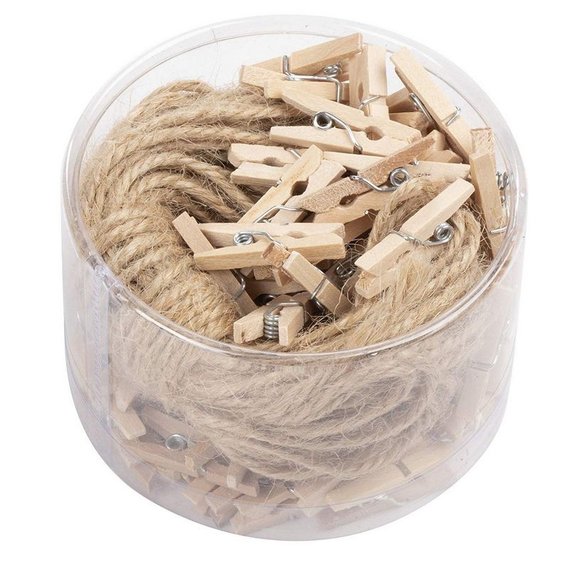 100-Count Juvale Mini Wooden Clothes Pins with 10.8 Yard Jute Twine, Tiny 0.98" Unfinished Wood Clothespins Photo Pegs for Postcards, Pictures