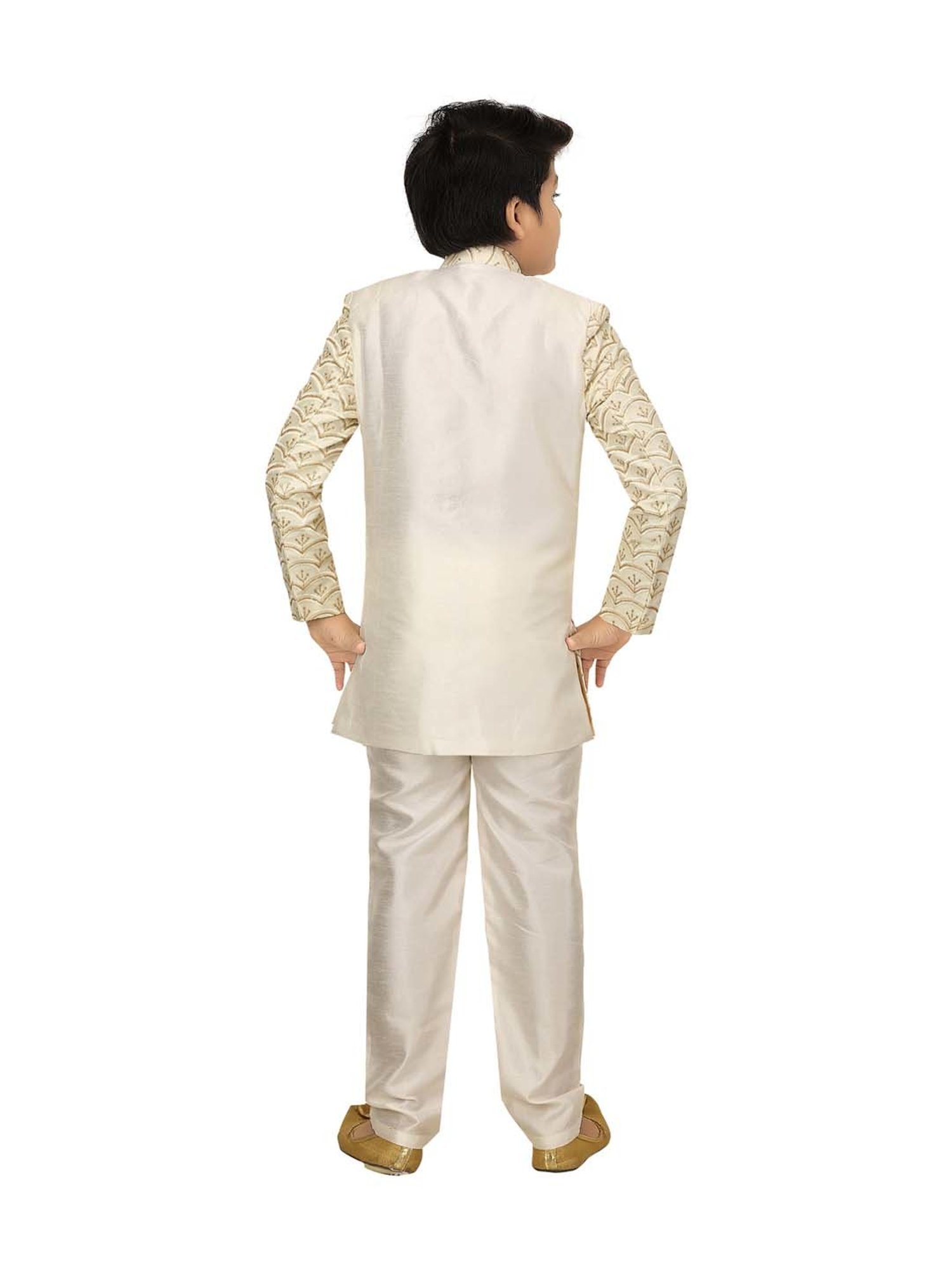 Ahhaaaa Kids Beige Cotton Embroidered Full Sleeves Kurta Set