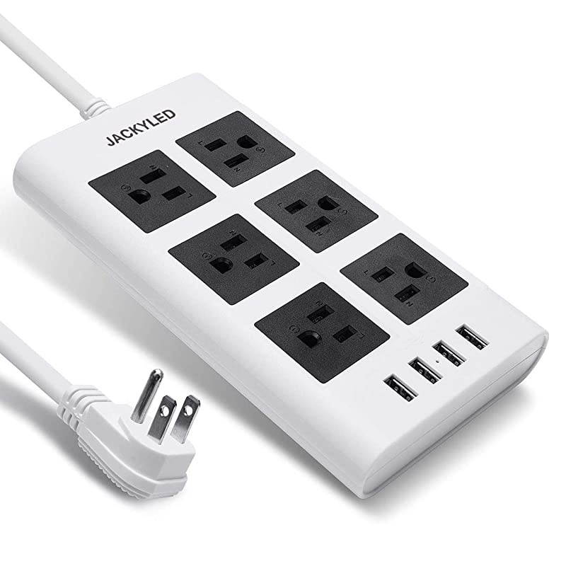 Flat Plug Power Strip 14AWG 15A Surge Protector  98ft Long Extension Cord 31A 4 USB Ports 6 Outlets Fast Charge Power Pack Fireproof Desktop Charger for iPhone Kindle Tablet Laptop PC White