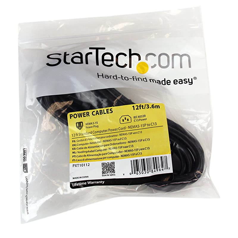 com 12 ft Standard Computer Power Cord NEMA515P to C13 12 foot PC Monitor Power Cord 18 AWG PXT10112
