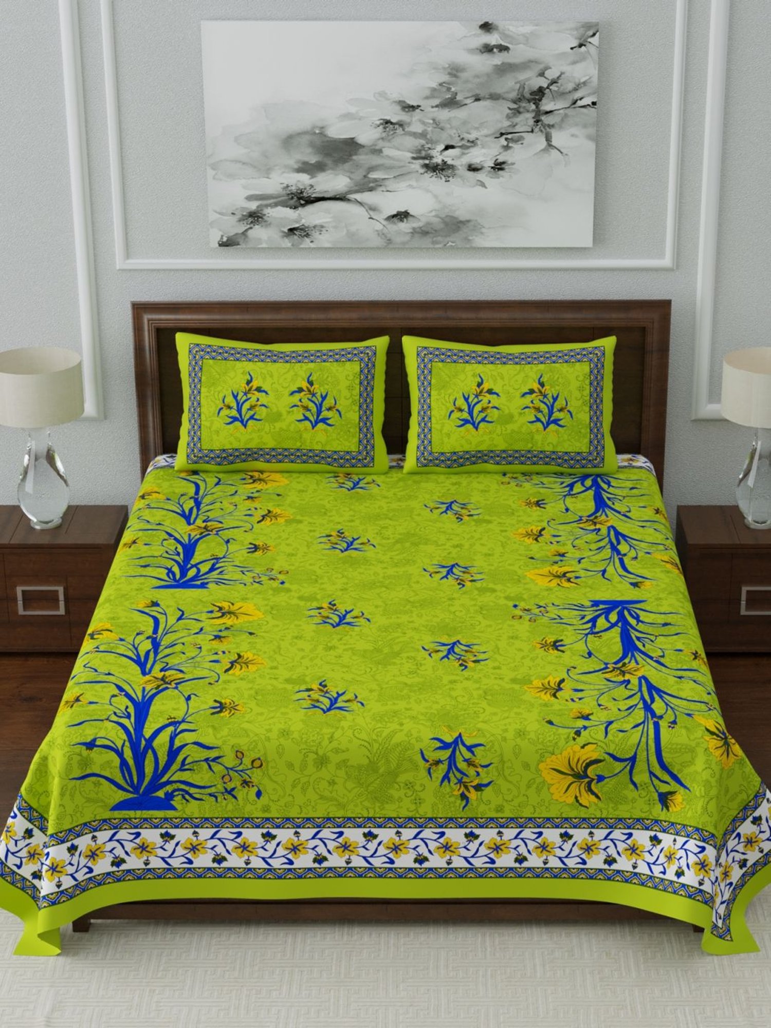 Living Roots Multicolor Jaipuri Printed Cotton Bed Sheet with 2 Pillow Cover