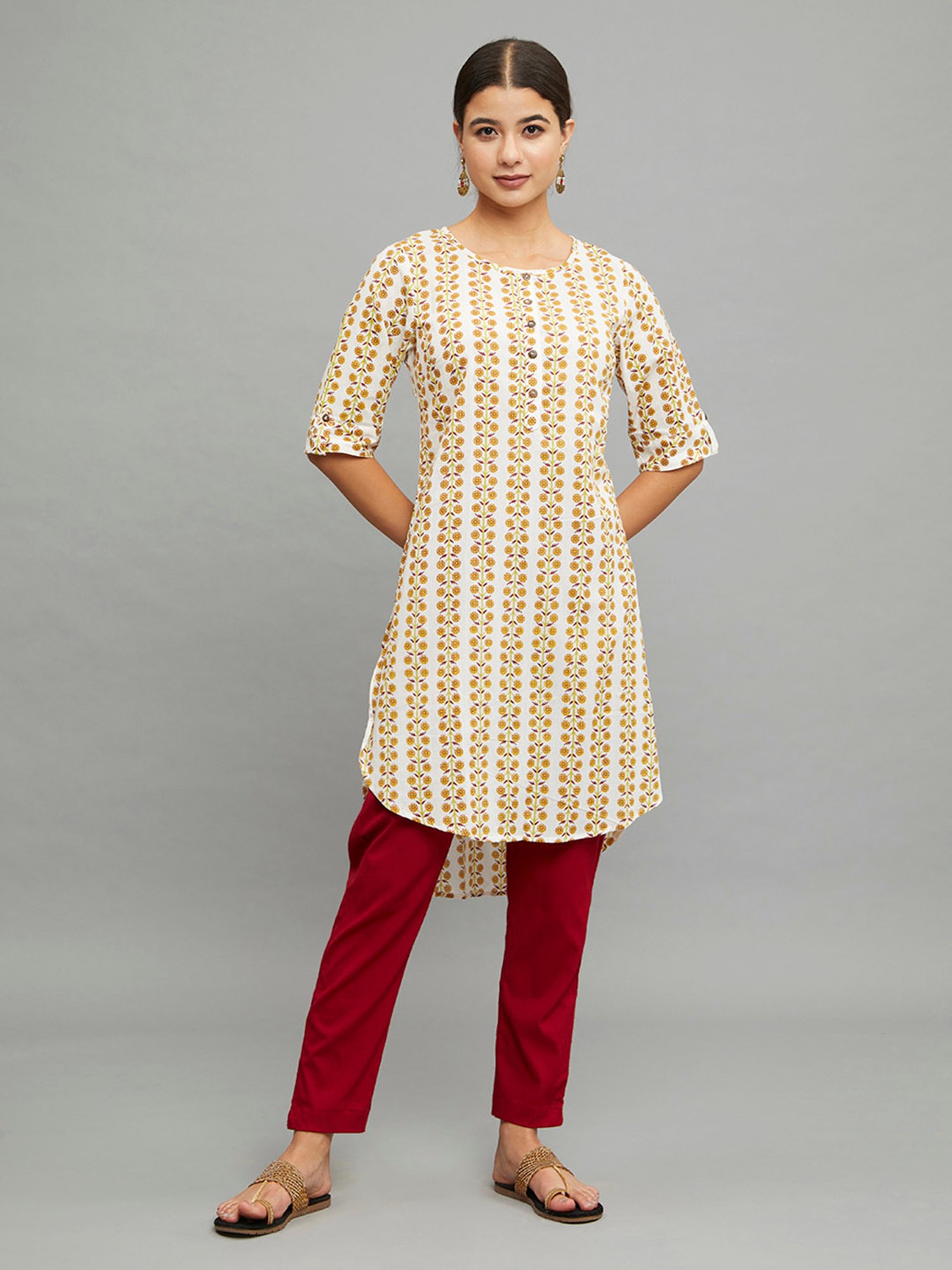 paislei Beige Printed High low Kurta