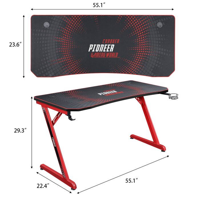 Devoko Gaming Desk 55 Inch Computer Gaming Desk Z-Shaped Pc Gaming Desk with Carben Fiber Surface Gamer Desk with Free Mouse Pad Home Office Desk with Cup Holder and Headphone Hook (Black)