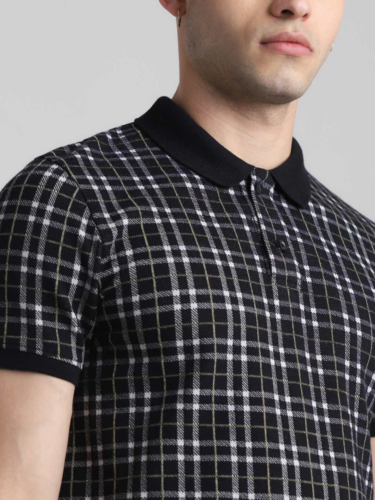 Jack & Jones Jet Black Cotton Regular Fit Checks Polo T-Shirt