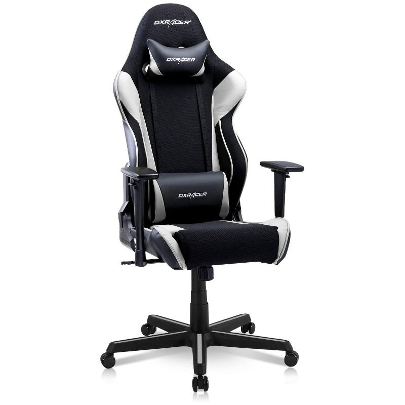 DXRacer OH/RAA106/NR Racing Series Adjustable Ergonomic Gaming Home Office Desk Chairt, Swivel Base, Wheels, and Headrest, Black and White