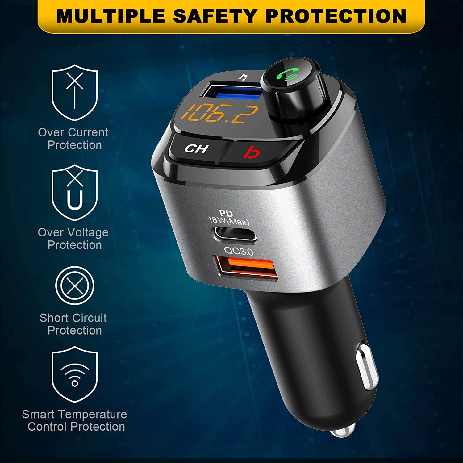 Bluetooth 5.0 FM car transmitter, QC3.0+Type-C PD 18W wireless Bluetooth FM radio adapter bass music player FM car kit, with hands-free call and 3 USB port chargers to support USB driver