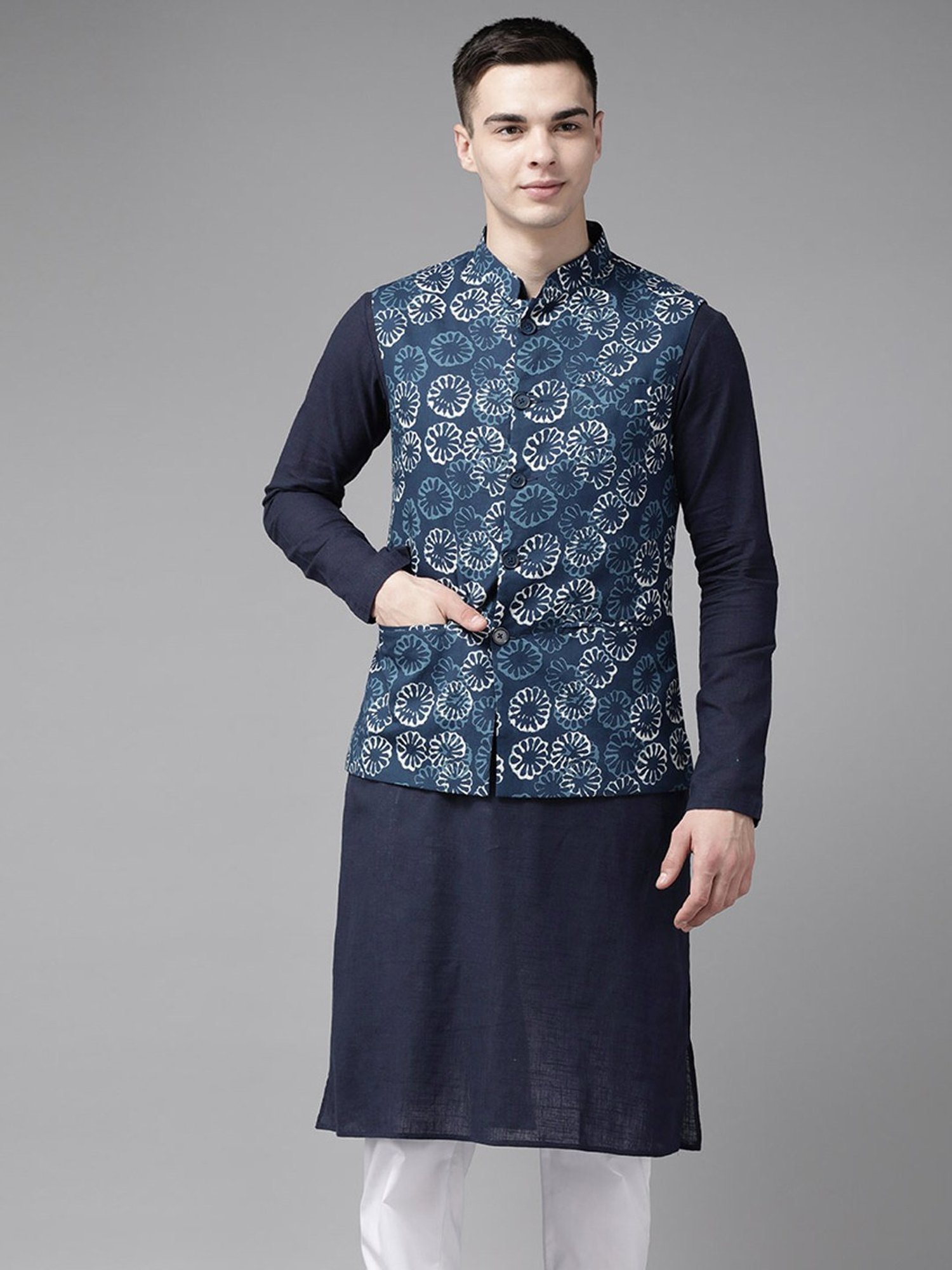 See Designs Blue Cotton Regular Fit Printed Nehru Jacket