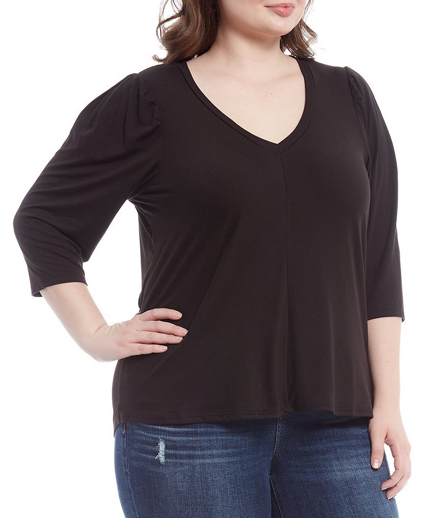 Bobeau Plus Size V-Neck 3/4 Puff Sleeve Knit Top