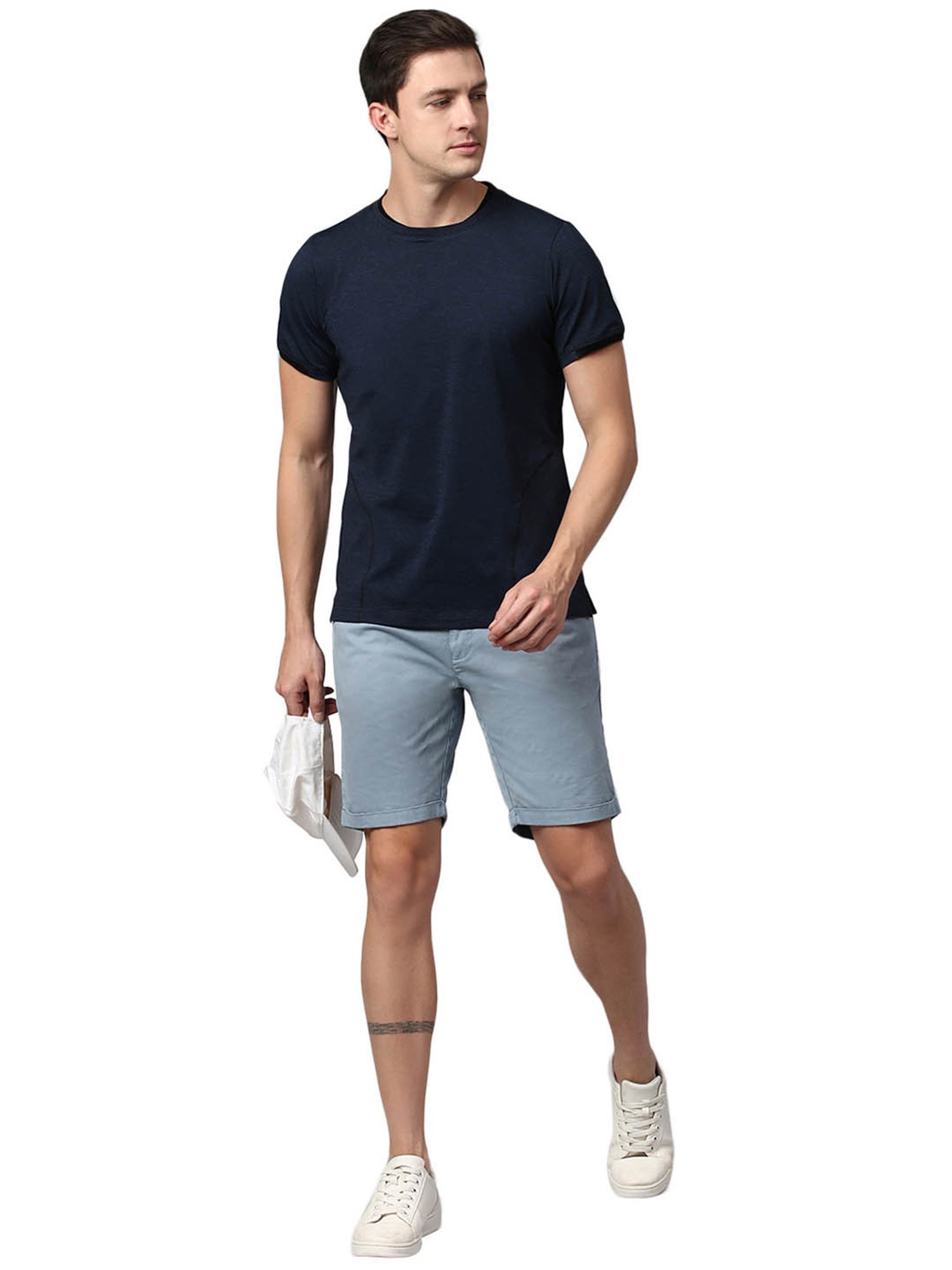 Slowave Navy Regular Fit Self Design T-Shirt