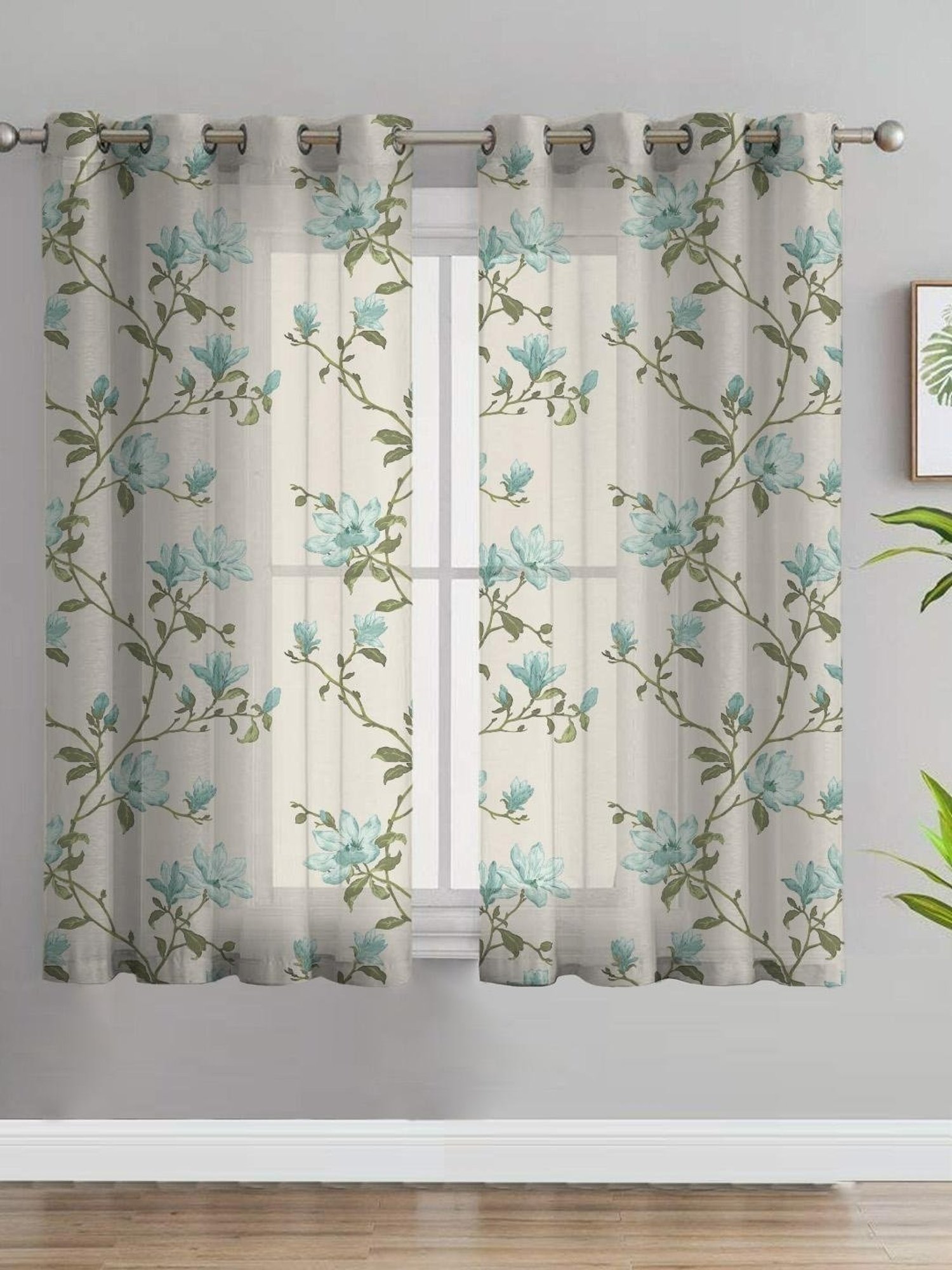 SPACES DRAPE STORY Elegent Floral Turquoise Green & White Polyester 5 ft Window Curtains - Set of 2