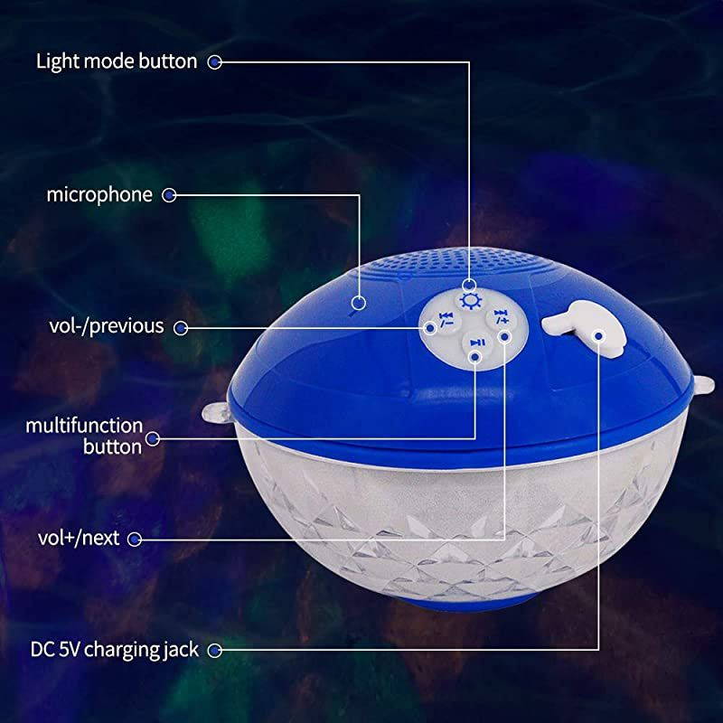 Speakers with Colorful Lights Portable Speaker IPX7 Waterproof Floatable Builtin MicCrystal Clear Stereo Sound Speakers Wireless 50ft Range for Home Shower Outdoors Pool Travel