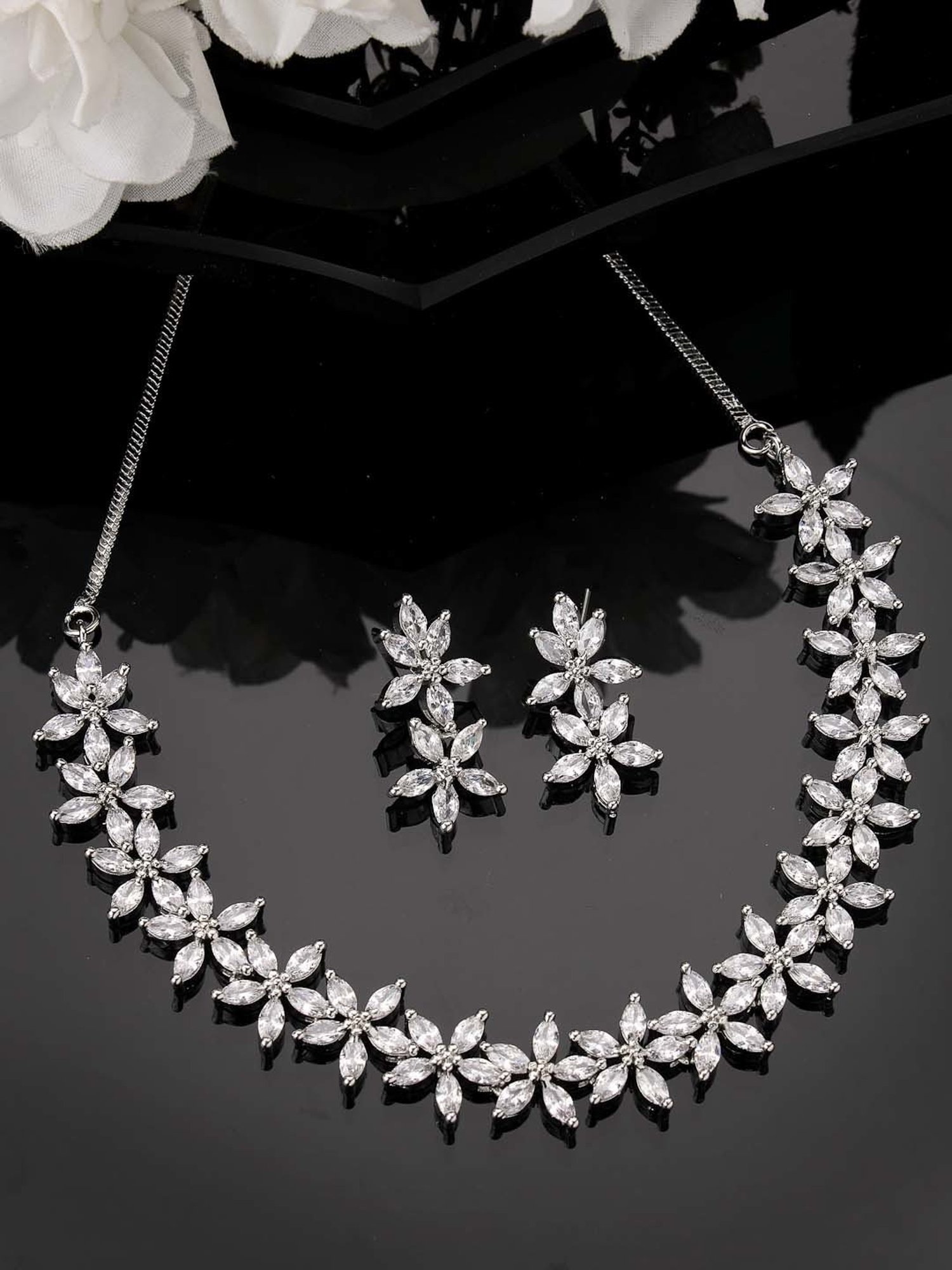NVR Silver Plated CZ Stone Handcrafted Jewellery Set for Women